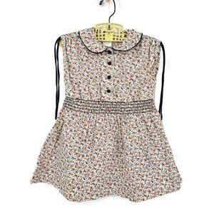 Vtg Bow Age White Floral Smocked Dress Girls 4 Cap Sleeve